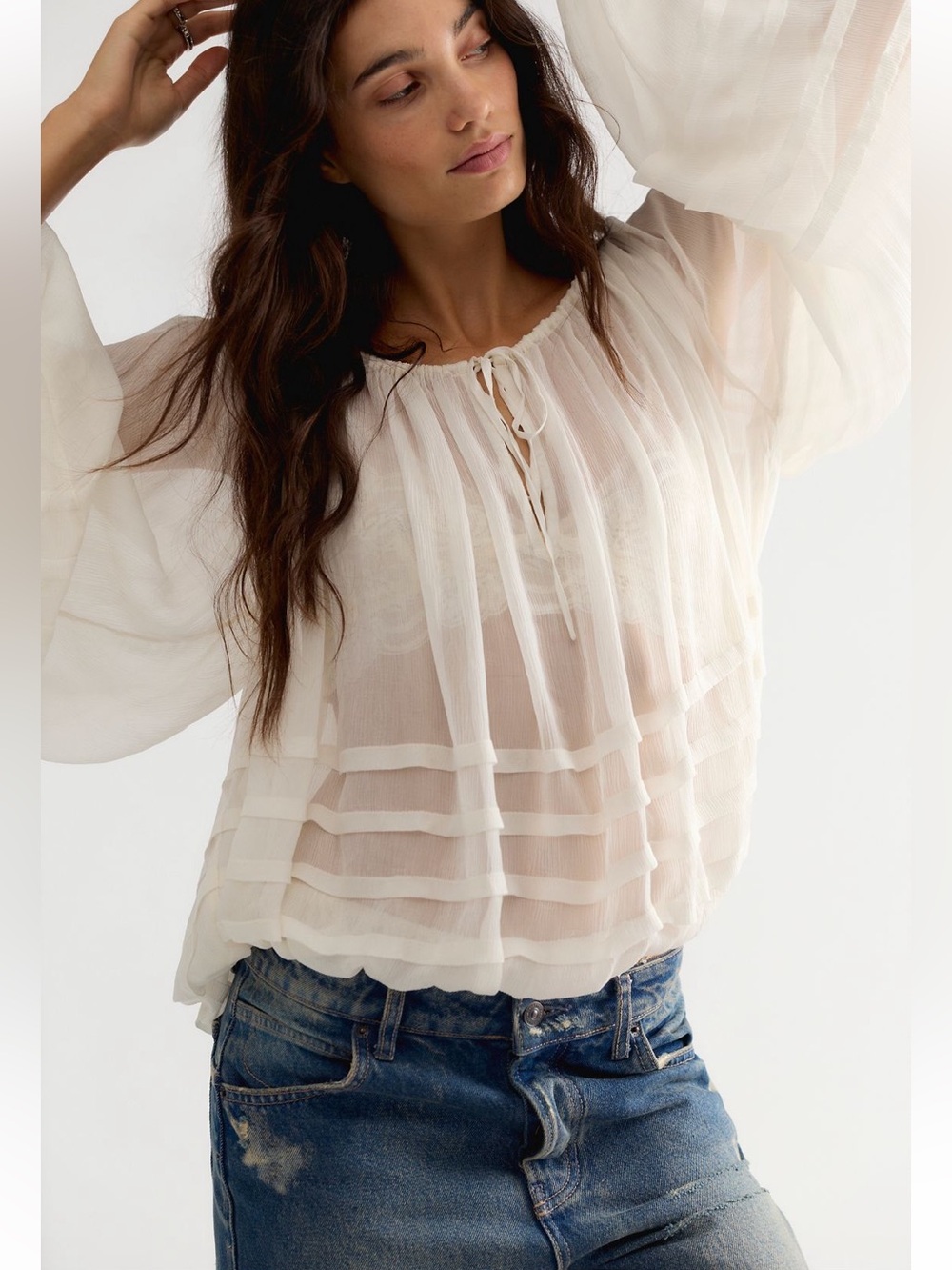 White Romantic Peasant Blouse Tie Neckline w Pleated Details Balloon Sleeves